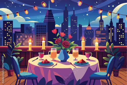romantic dinner for two on a rooftop with fairy