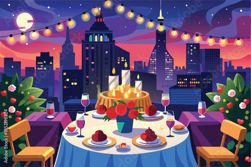 romantic dinner for two on a rooftop with fairy