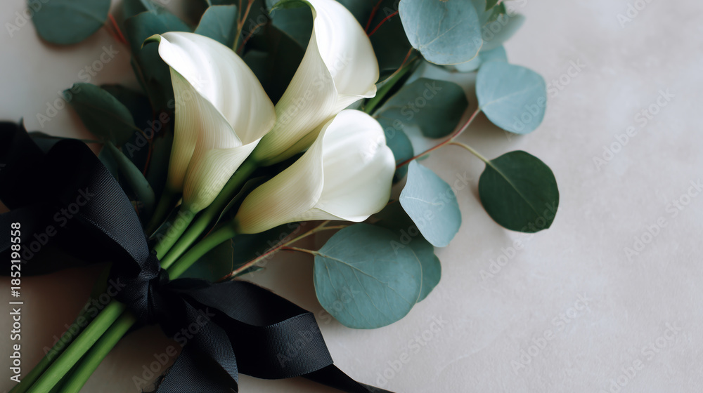 Obraz premium Elegant bouquet of white calla lilies with eucalyptus and black ribbon