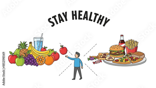 Stay healthy concept illustration showing balanced diet nutrition exercise and wellness lifestyle awareness