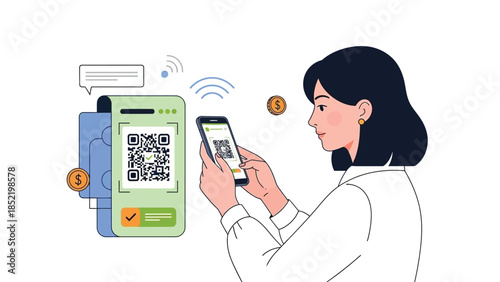 Woman using mobile payment app representing digital finance cashless transaction and modern banking concept