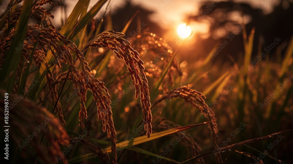 Obraz premium Golden Rice Field at Sunset with Sunlight Shining through Grains in Vibrant Nature Landscape, Beautiful Agricultural Scene in Warm Tones