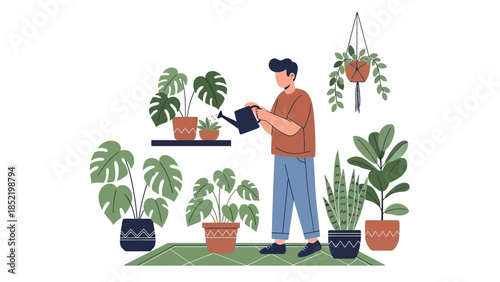 Man caring for houseplants representing home gardening green lifestyle mindfulness and indoor nature care concept