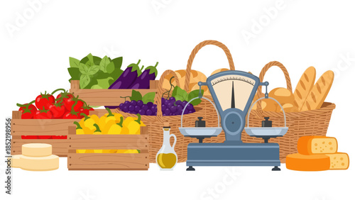 Fresh produce and artisanal bread displayed at a farmers market with a vintage scale and cheese