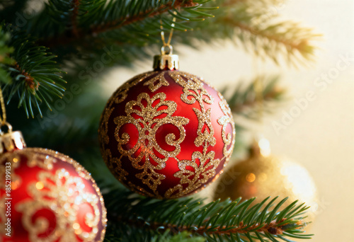 Red Christmas ornament with an ornate gold glitter pattern hanging on a tree. Close-up of a festive holiday bauble decoration. Winter celebration background