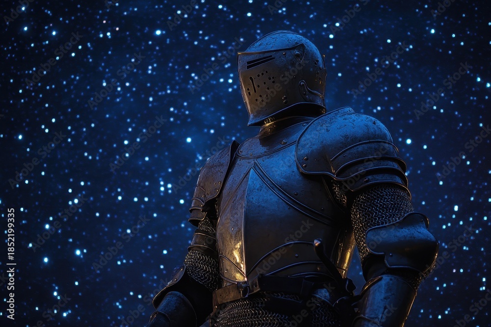 Fototapeta premium Knight in shining armor gazing at a starry sky during nighttime