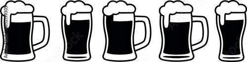 Black beer mugs with foam on white background  drinking concept