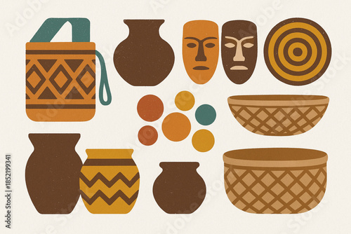 Colombian Artisan Craft Icon Set with Wayuu Mochila, Pottery and Traditional Handicrafts