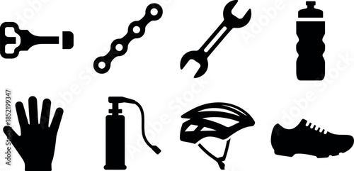 black bicycle and sports equipment icons on white background