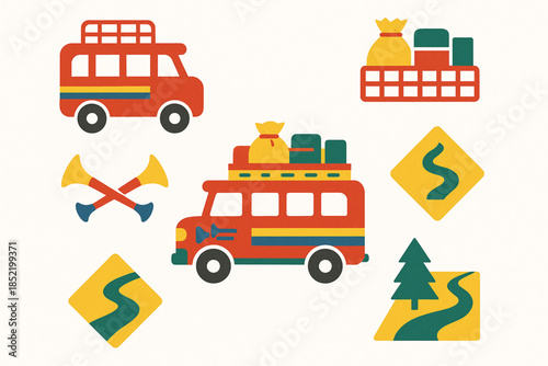 Colombian Chiva Bus Icon Set with Colorful Bus, Roof Cargo and Musical Horns