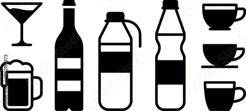 black silhouettes of various drinking vessels and bottles on white background