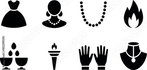 Black silhouettes of various objects and jewelry on white background