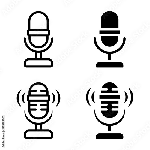 Microphone icon set. A collection of simple style microphone icons perfect for podcasting, recording, broadcasting, and audio related design projects.