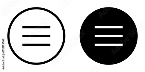 Menu icon set. A clean and simple illustration of a hamburger menu icon inside of a circle. The icon is shown in both outline and filled style, perfect for website and app design.