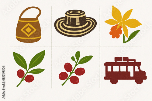 Colombian Symbols Icon Set with Wayuu Mochilas, Sombrero Vueltiao and National Icons