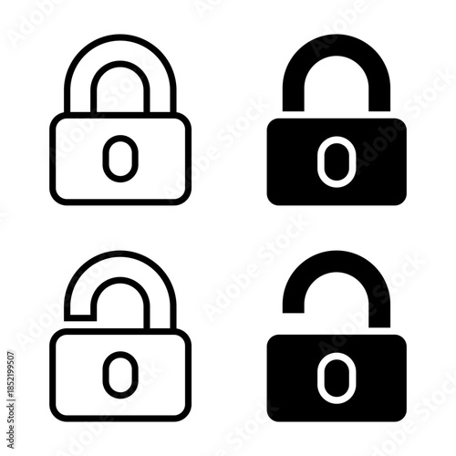 Padlock icon set. A set of simple padlock icons in both locked and unlocked states, suitable for website and app design. Black and white illustration of security and privacy concepts.