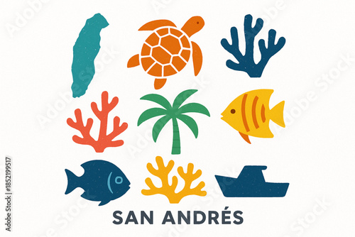 San Andres Island Icon Set with Sea Turtles, Coral and Tropical Marine Life