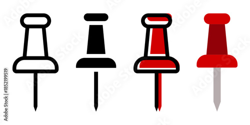 Push Pin icon set. A simple and clean minimalist push pin icon for use on notice boards, maps, or to symbolize reminders and important information.