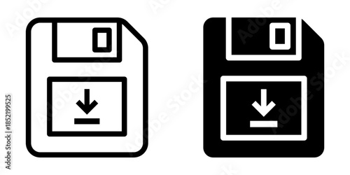 Save icon set. A simple icon representing a floppy disk with an arrow pointing downwards, indicating a download or save function. Available in both outline and solid glyph styles.