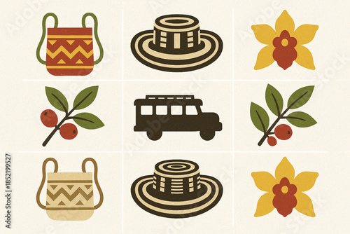 Colombian Symbols Icon Set with Wayuu Mochilas, Sombrero Vueltiao and National Icons