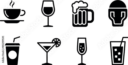 Collection of beverage icons including coffee beer wine and cocktails