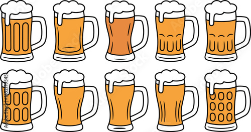 Collection of cartoon beer mugs with frothy tops for celebration and social drinking