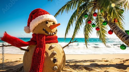 Smiling sandman wearing Santa hat and scarf standing on tropical beach under palm tree with baubles. Concept of summer Christmas holiday, New Year vacation and travel in hot sunny climate