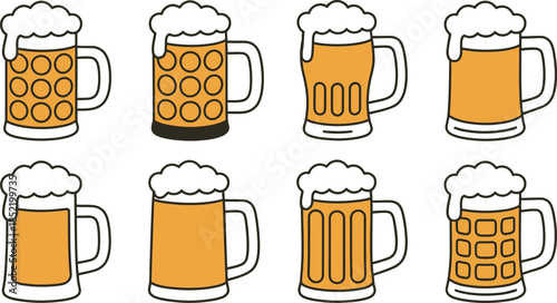 Eight cartoon beer mugs with foam on white background