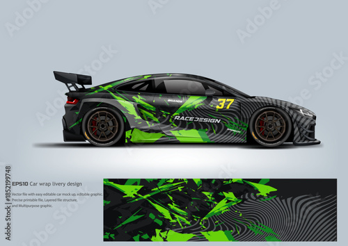An aggressive black and green GT racing wrap with sharp angular graphics designed to emphasize power and speed.