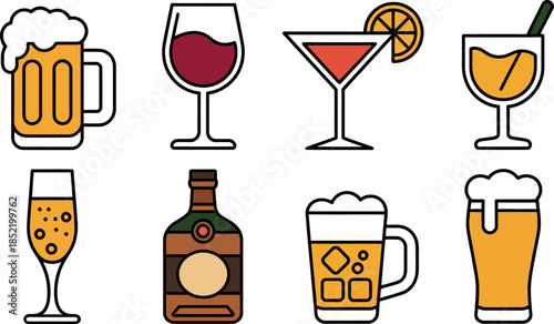 Eight different types of alcoholic beverages icons