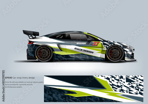 A clean white racing wrap accented with neon yellow highlights for a sharp, modern, and high-visibility motorsport look.