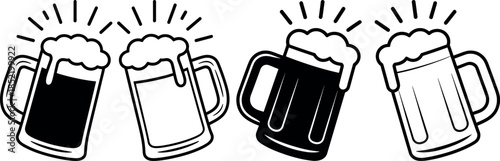 Illustration of Beer Mugs with Foam and Rays in Comic Style