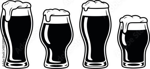 Illustration of four frothy beer glasses in black and white
