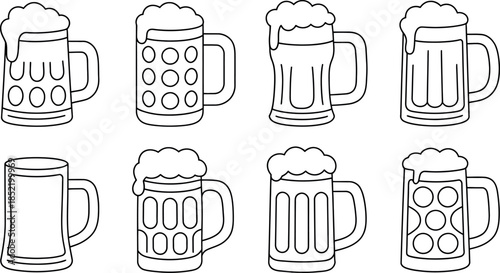 Line art illustrations of beer mugs in different styles and foam levels