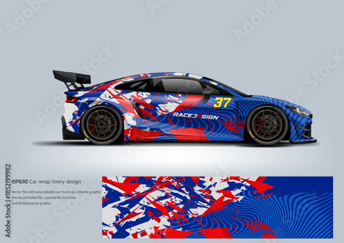 A bold red and blue abstract GT racing wrap featuring expressive brush-style graphics that deliver high energy and competitive motorsport character.