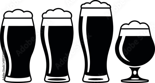 Set of four handdrawn glass beer mugs with frothy tops for a casual drinking theme