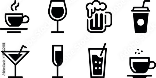 set of black and white drink icons on white background