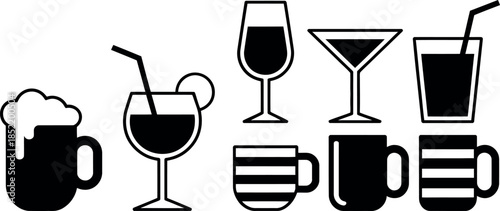 Various types of drink glasses and mugs icons