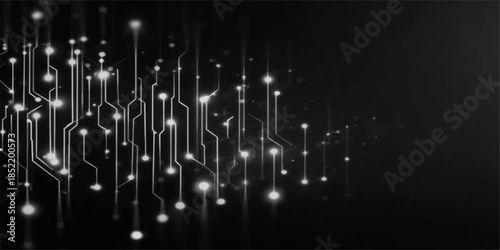 An abstract blue background featuring glowing fiber optics, digital waves, and data bubbles illustrates a futuristic technology network design with light spots and tech patterns for business science