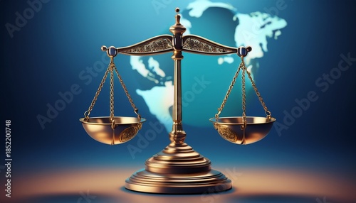 global justice a symbolic scale of justice balances the globe against a blue gradient background representing fairness law and international cooperation