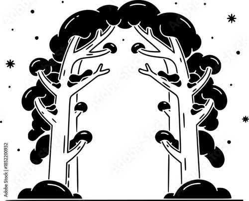 Winter arch: snow-covered branches forming natural gateway in minimalist design
