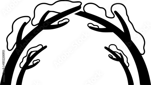 Winter arch: snow-covered branches forming natural gateway in minimalist design
