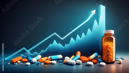 medicine costs rising pill bottle and upward trending graph representing increasing pharmaceutical expenses