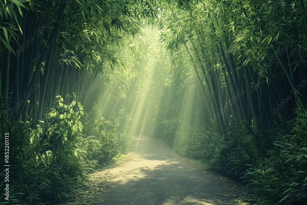 Obraz premium Sunlight filters through a lush bamboo forest creating a peaceful pathway