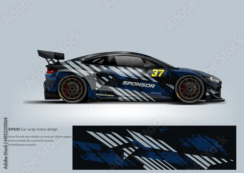 A stealthy black and grey racing wrap featuring sharp patterns and subtle contrast for a serious track-focused look.