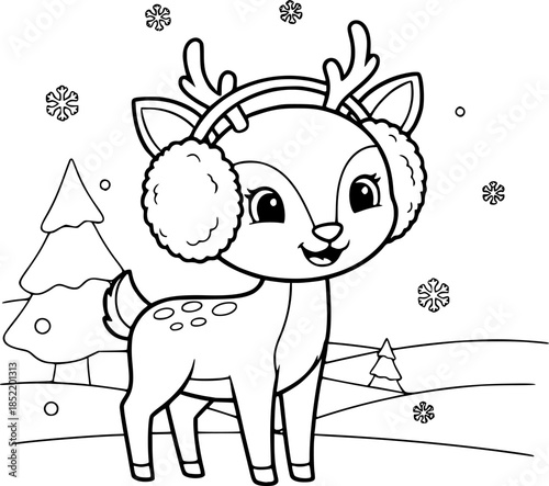 Cute cartoon deer with earmuffs in winter theme for children’s coloring activity
