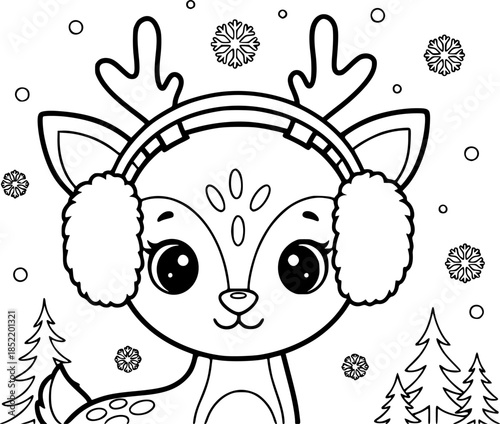 Cute cartoon deer with earmuffs in winter theme for children’s coloring activity
