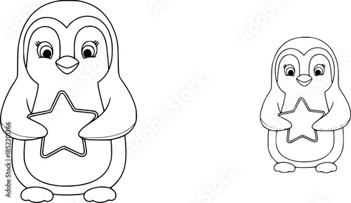 Cute penguin outline holding star for kids coloring pages
