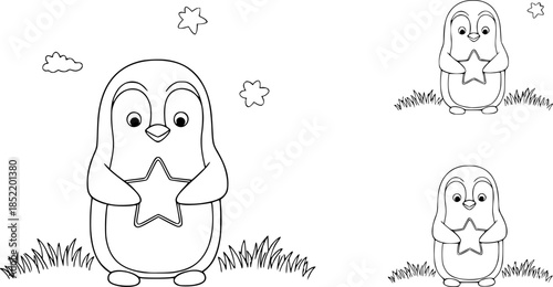 Cute penguin outline holding star for kids coloring pages
