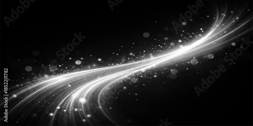 Glowing stars and blue light rays create a digital motion effect across a dark abstract space background featuring a cosmic energy wave design